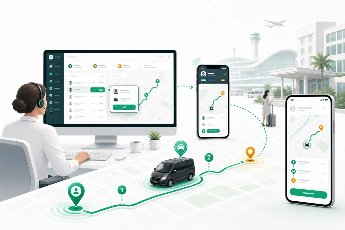 PingTab trip dashboard, driver app, and guest tracking illustration